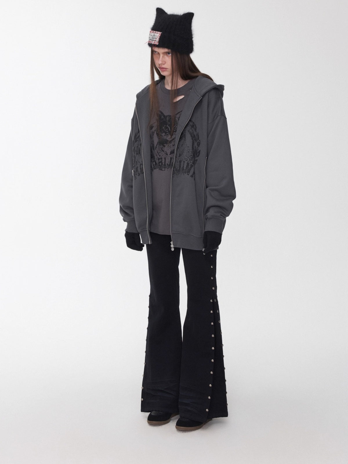 Cat Print Double-Zip Convertible Hoodie