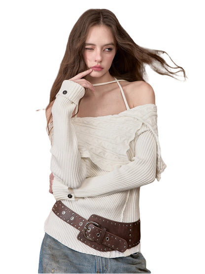 Off-Shoulder Halter Neck Cable Knit Sweater