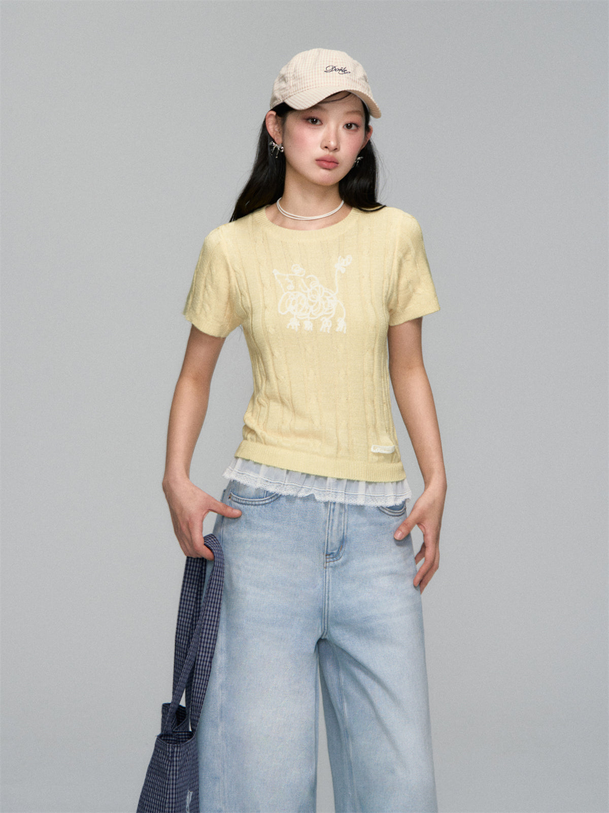 Dog Embroidered Cable Knit T-shirt