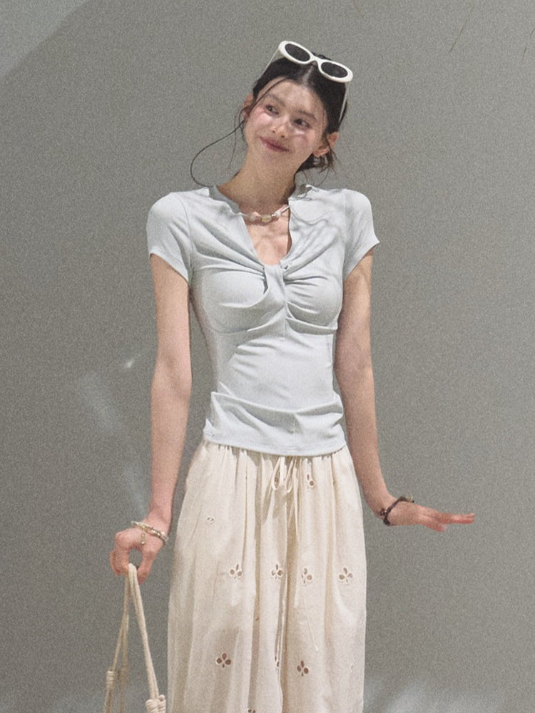 Gentle Melt Lyocell Beaded V-Neck T-Shirt