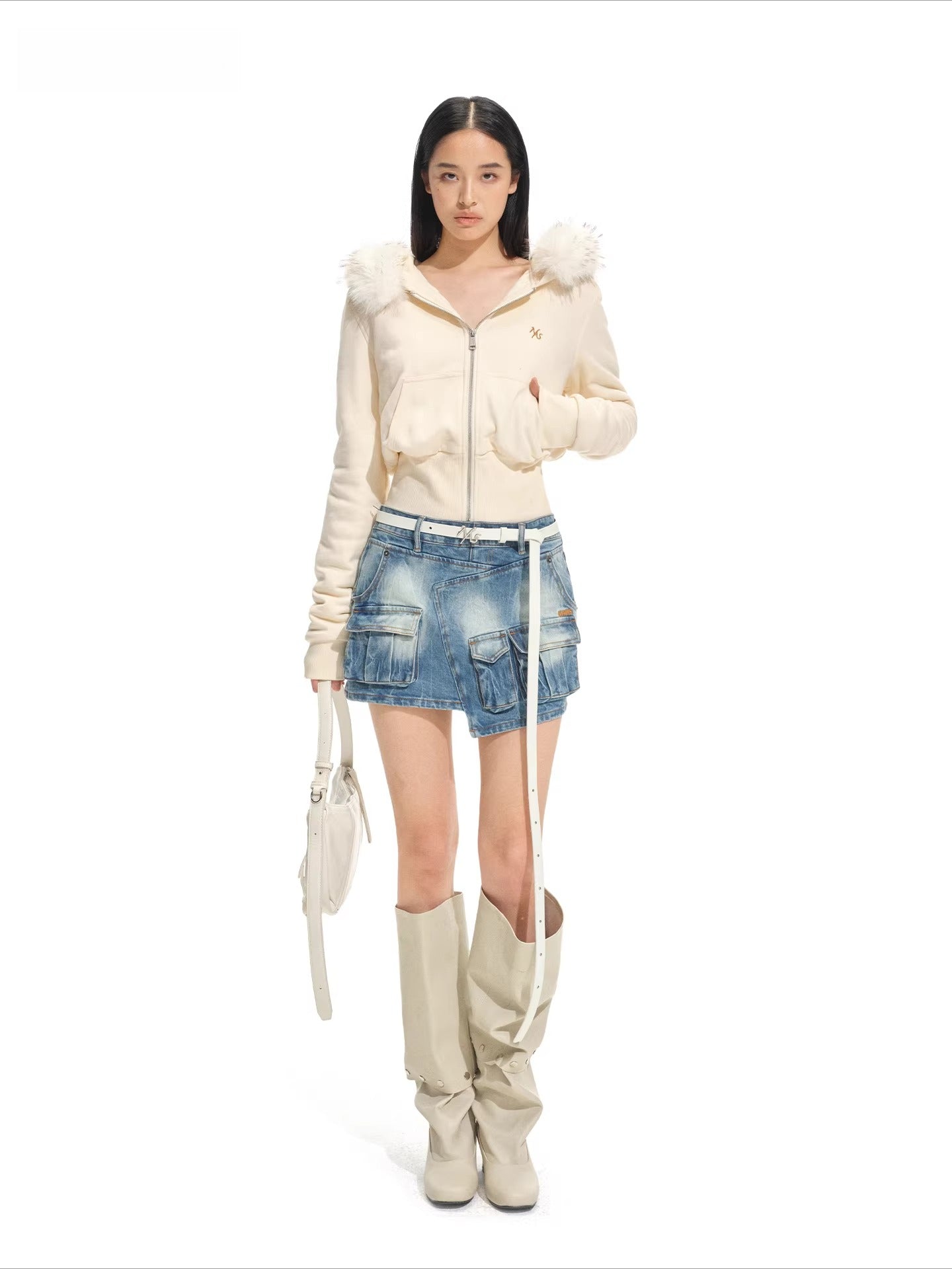 Detachable Faux Fur Collar Hooded Fitted Jacket