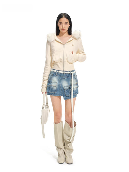 Detachable Faux Fur Collar Hooded Fitted Jacket