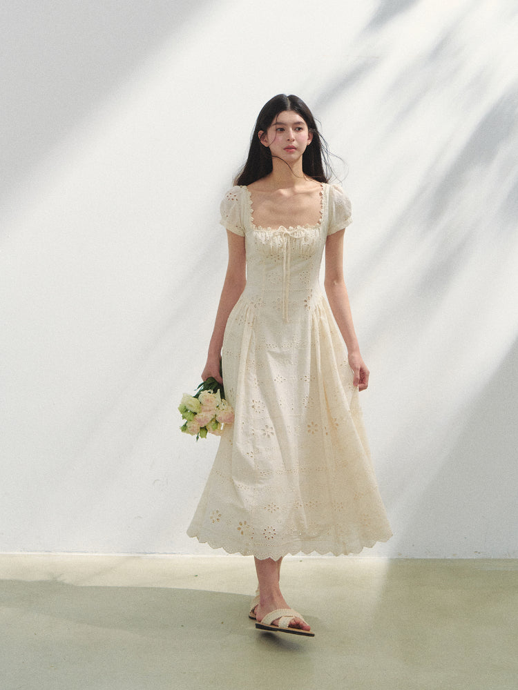 Square-Neck Embroidered Hollow Vacation-style Dress