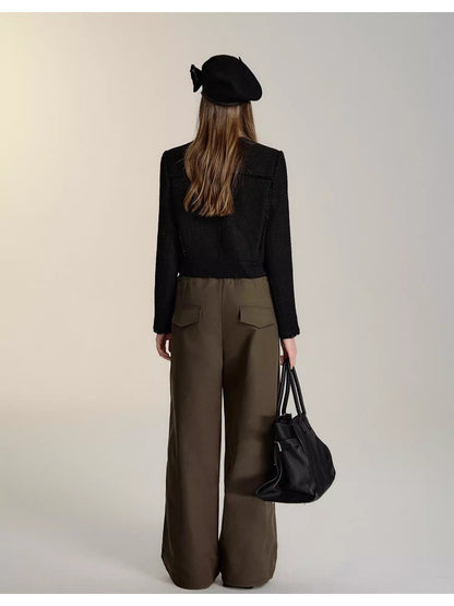 Black &amp; Brown Drawstring Wide-Leg Pants