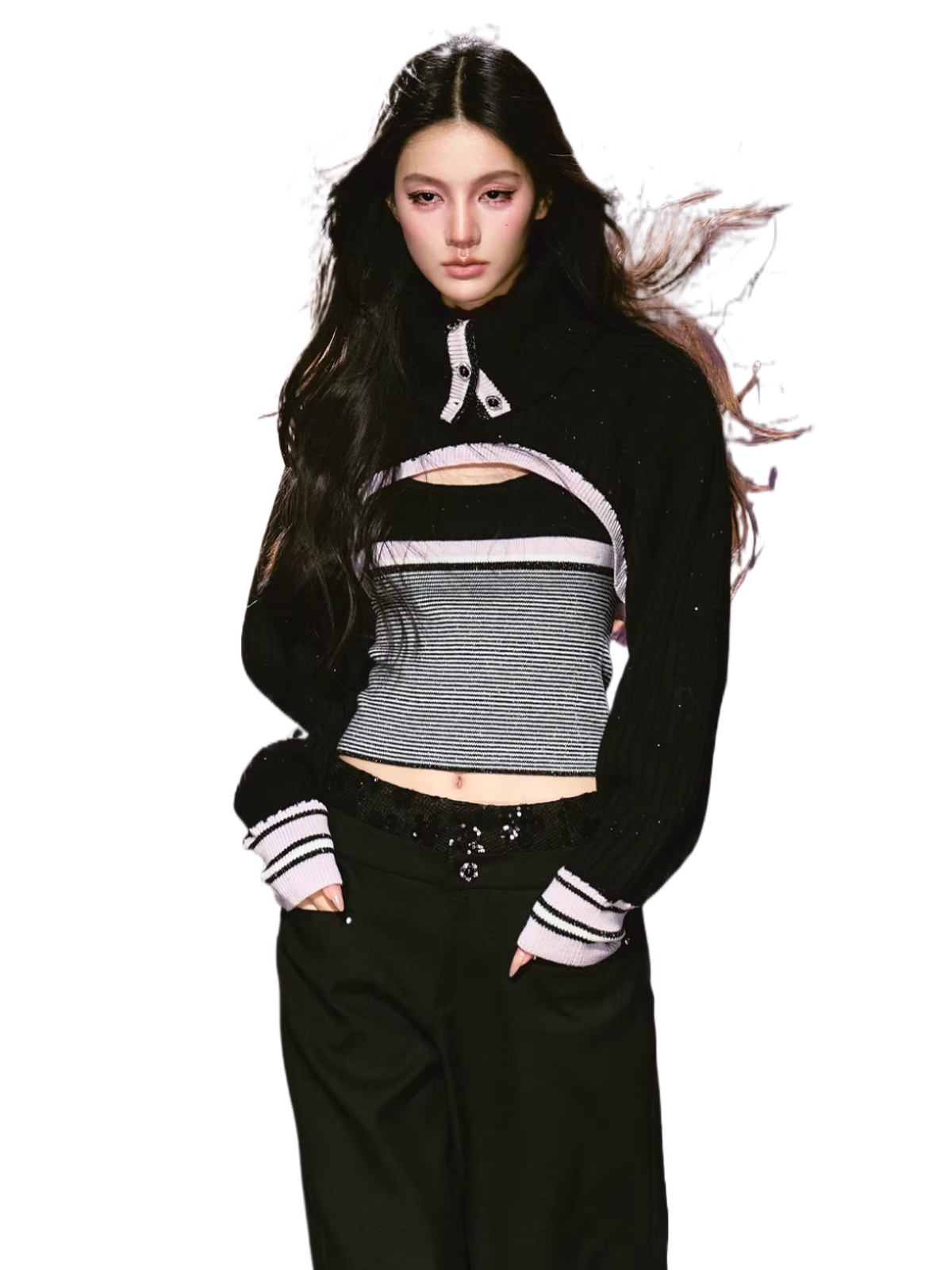 Contrast Turtleneck Layered Vest &amp; Striped Camisole Set