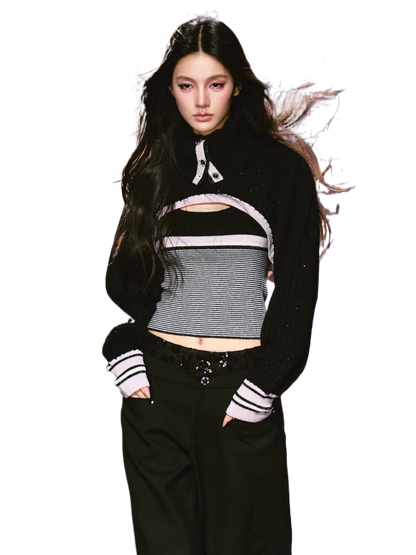 Contrast Turtleneck Layered Vest &amp; Striped Camisole Set