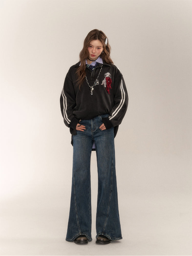 Wavy Hem Bell-bottom Straight-Leg Jeans