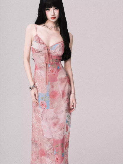 Floral V-Neck Spliced Print Slip Dress