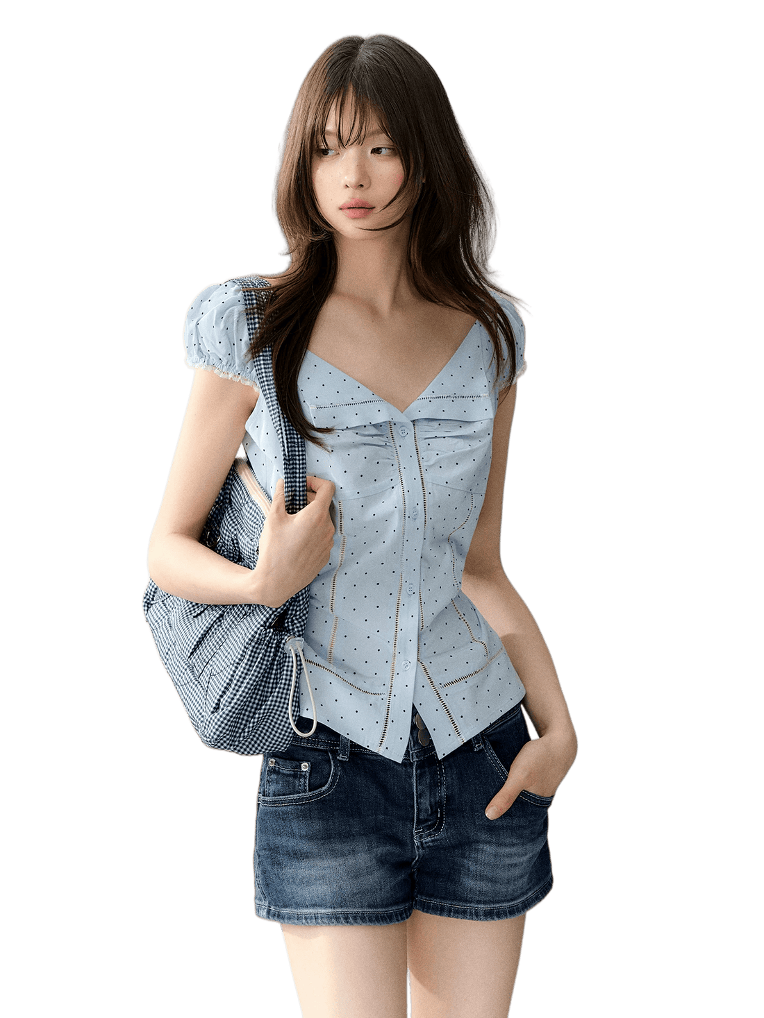 Polka Dot Lace Tie Waist Blouse