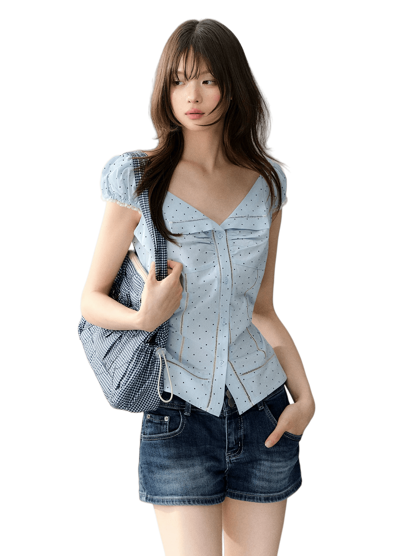 Polka Dot Lace Tie Waist Blouse