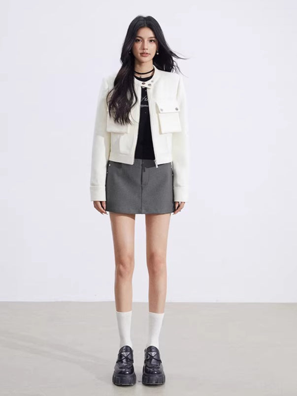 Chic Stand-Collar Tweed-Style Short Jacket