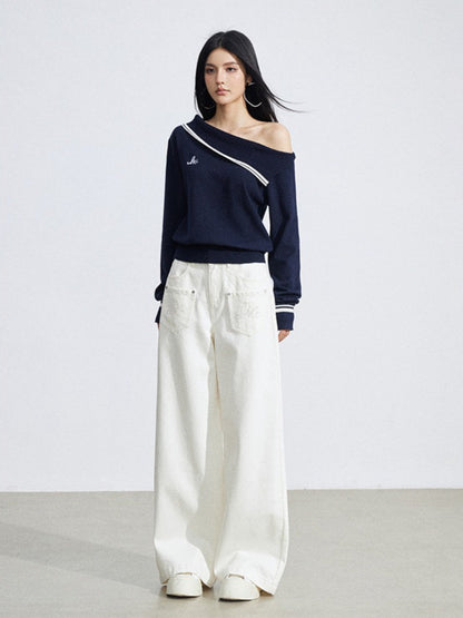Embroidered Pocket Wide-Leg Denim Jeans