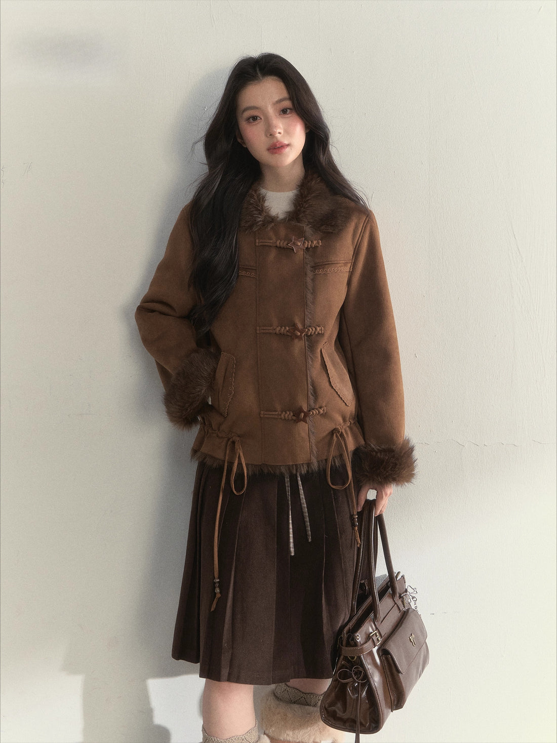 Oak Brown Suede Embroidered Shearling Jacket