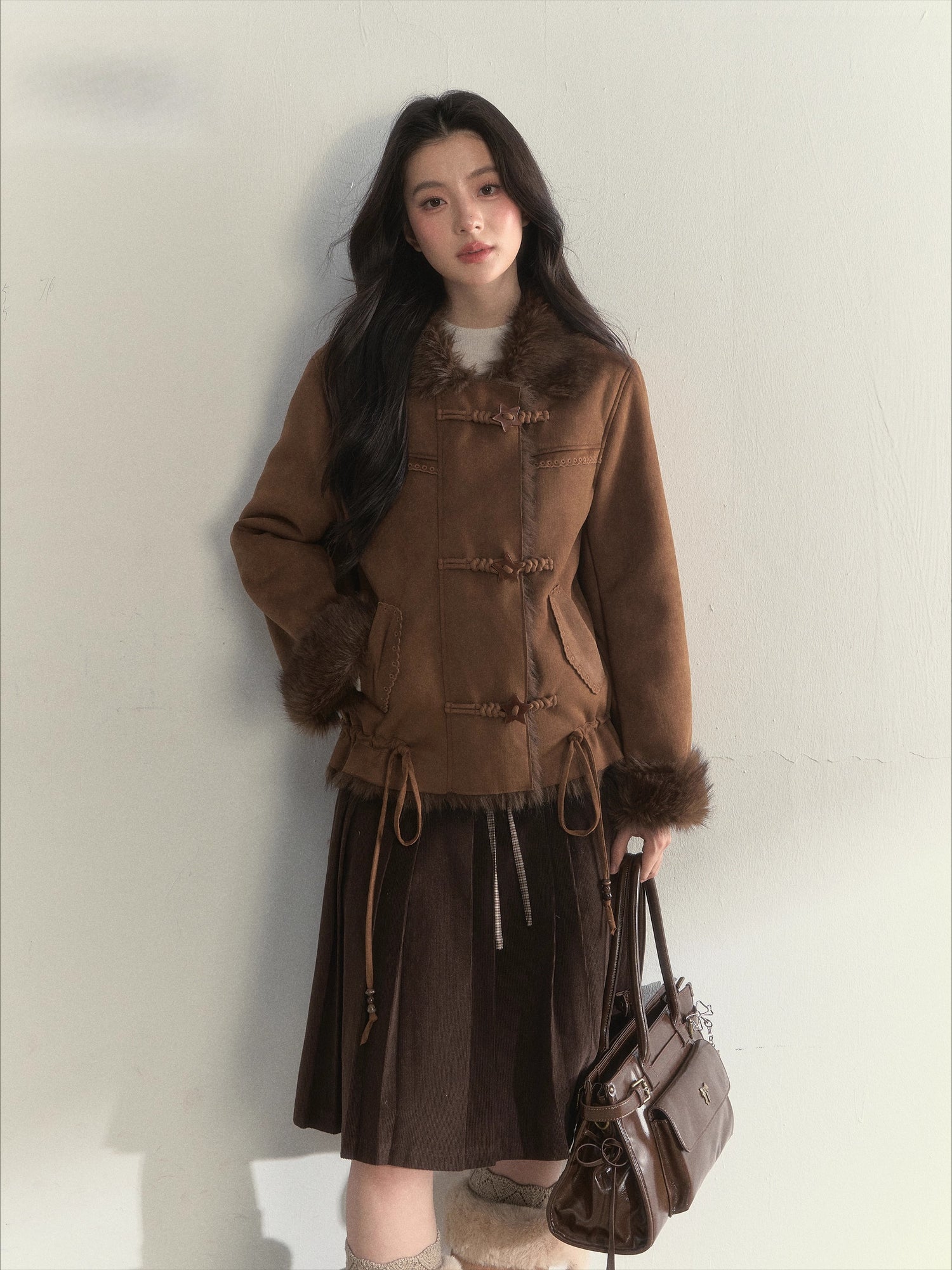 Oak Brown Suede Embroidered Shearling Jacket