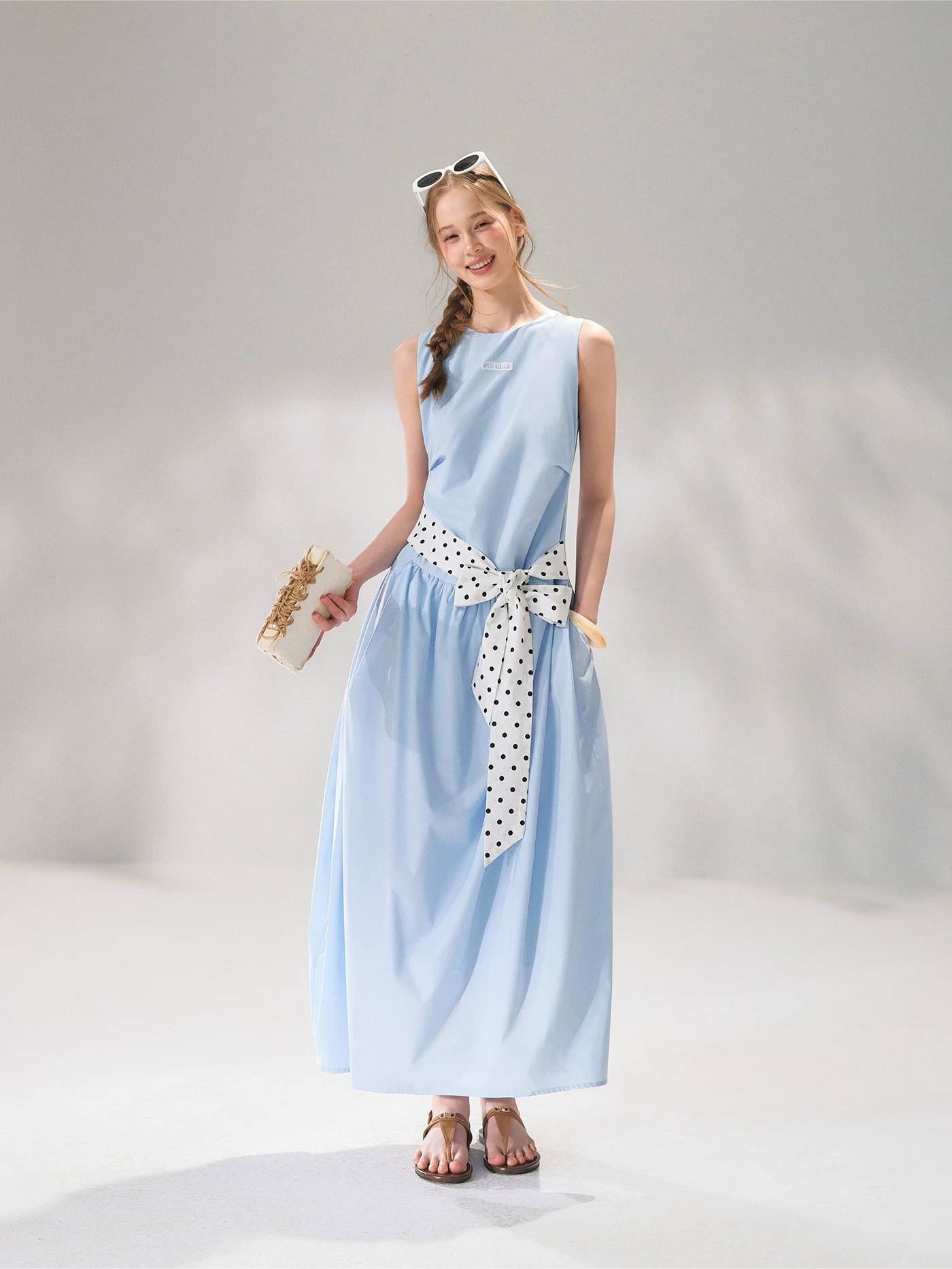Polka-Dot Tie-Waist Sleeveless Midi Dress