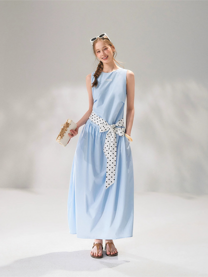 Polka-Dot Tie-Waist Sleeveless Midi Dress