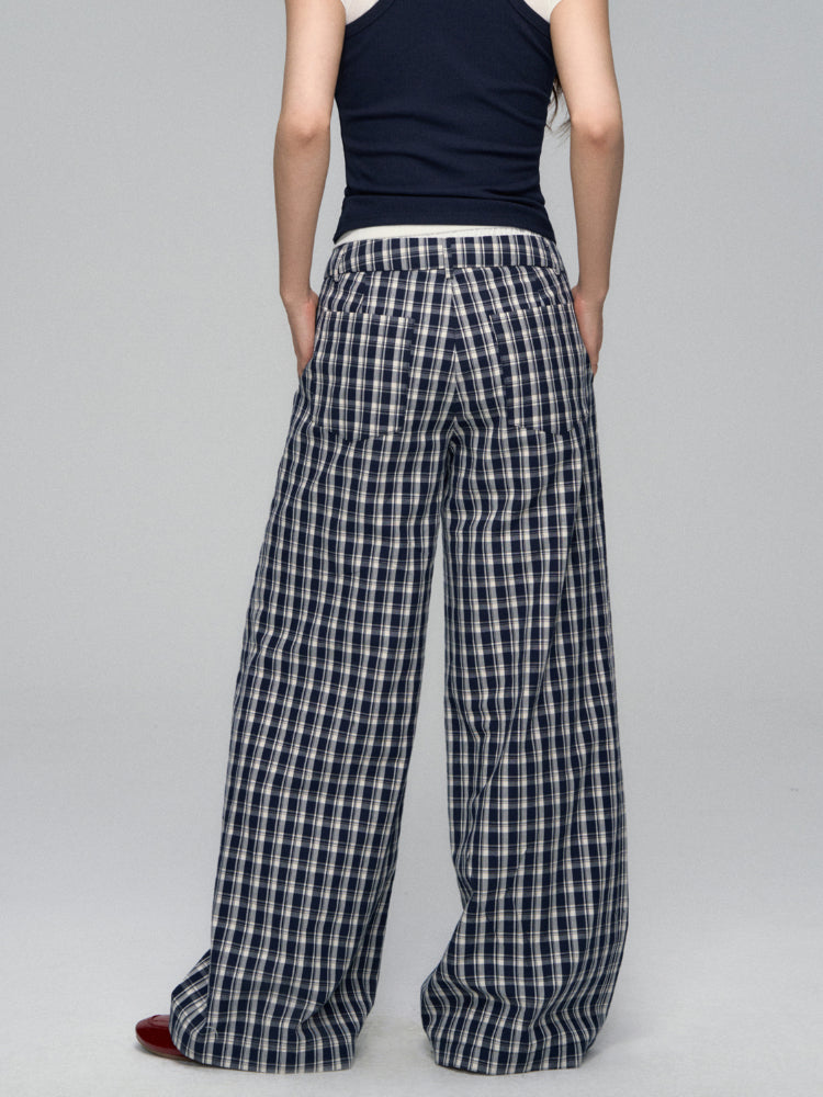 White Waistband Spliced Plaid Trousers