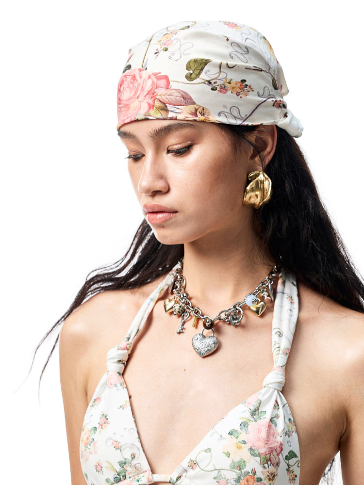 Retro Floral Print Satin Square Scarf
