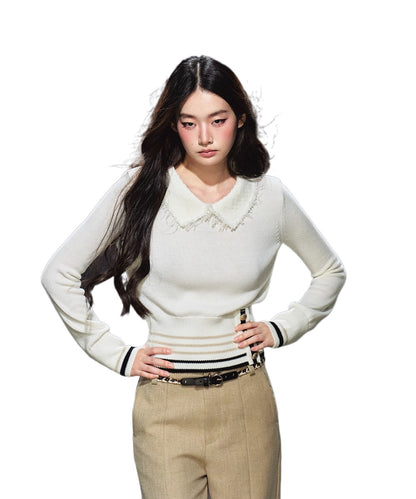 Black &amp; Gold Striped Contrast Collar Knit Sweater