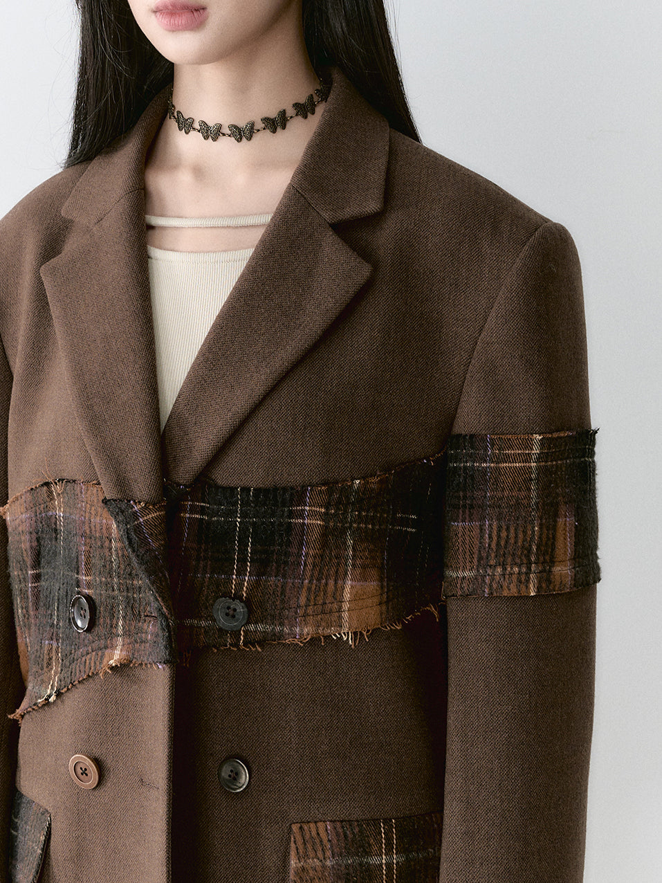 Wool Plaid Patchwork Mid-Length Coat