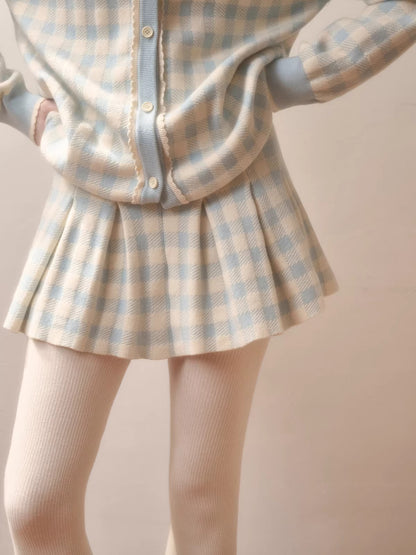 Plaid Contrast Jacket &amp; Pleated Skirt Set