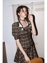 Peter Pan Collar Lace Plaid Bubble Sleeve Dress - CHINASQUAD