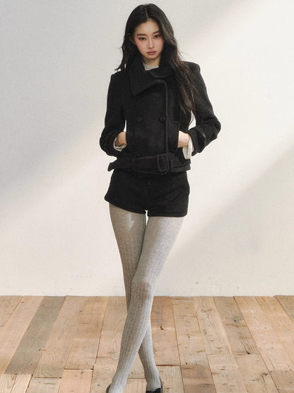 Black Wool-Blend Detachable Hem Double-Breasted Coat
