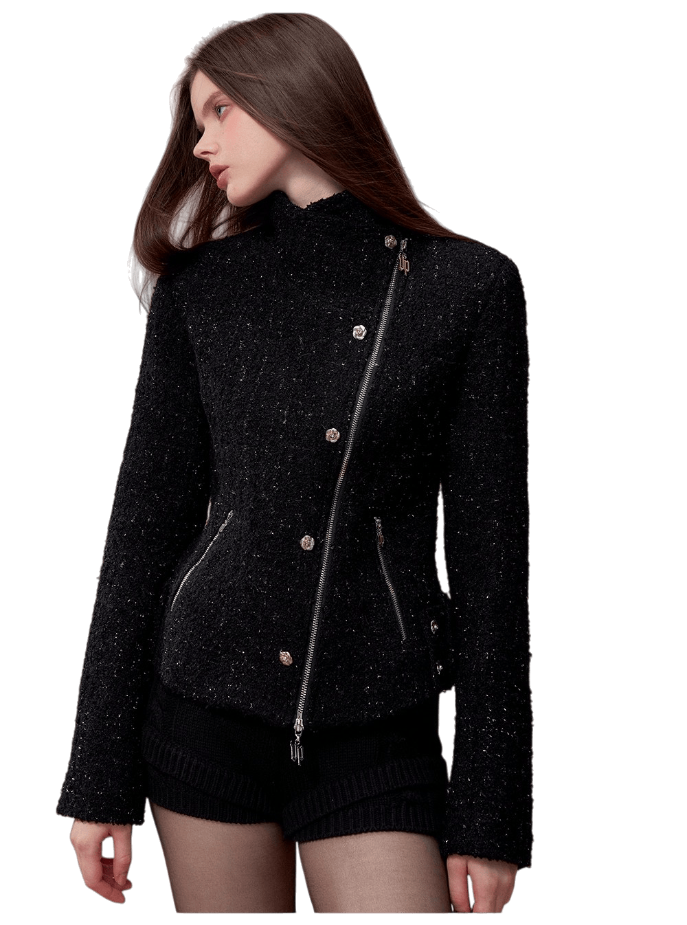 Rose-Button High-Neck Fitted Jacket
