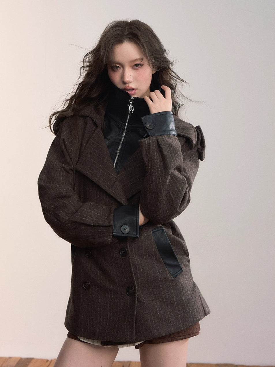 Contrast Faux-Layer Double-Breasted Wool-Blend Jacket