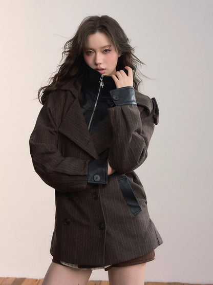 Contrast Faux-Layer Double-Breasted Wool-Blend Jacket