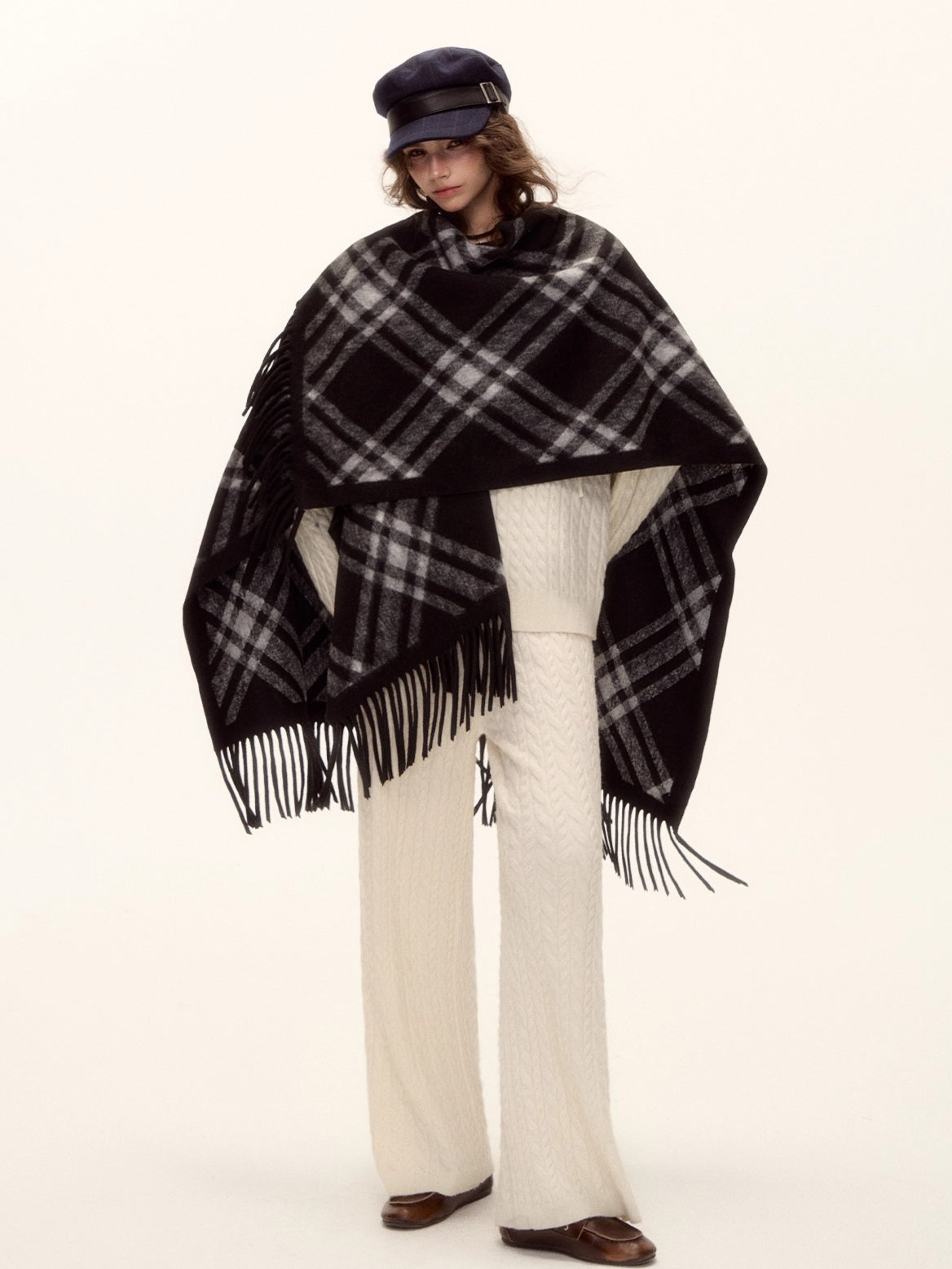 Vintage Plaid Tassel Cape Scarf