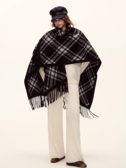 Vintage Plaid Tassel Cape Scarf