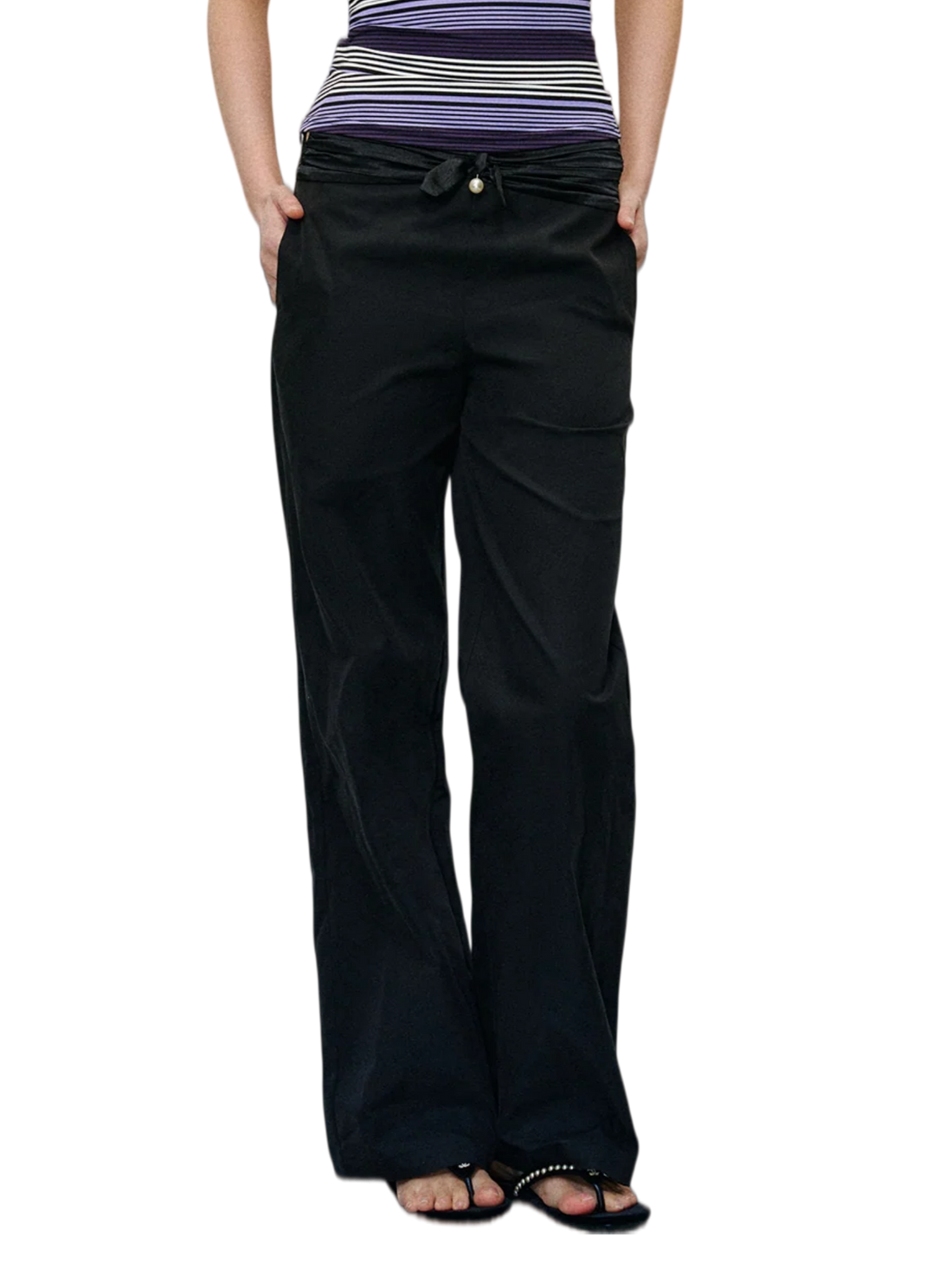Satin Waist Bow Pearl Casual Pants