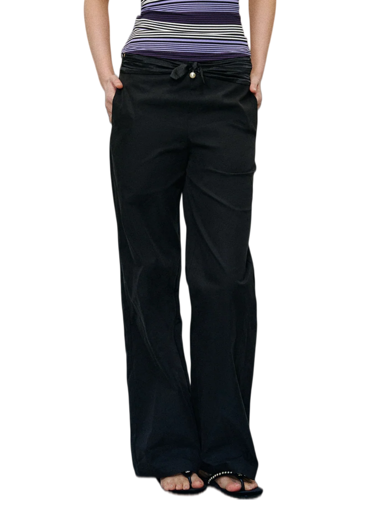 Satin Waist Bow Pearl Casual Pants