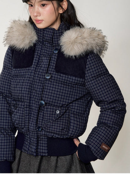 Fuzzy Plaid Down Faux Fur Collar Jacket