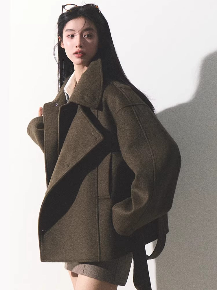 Waist-Defining Silhouette Stand-Collar Wool Coat