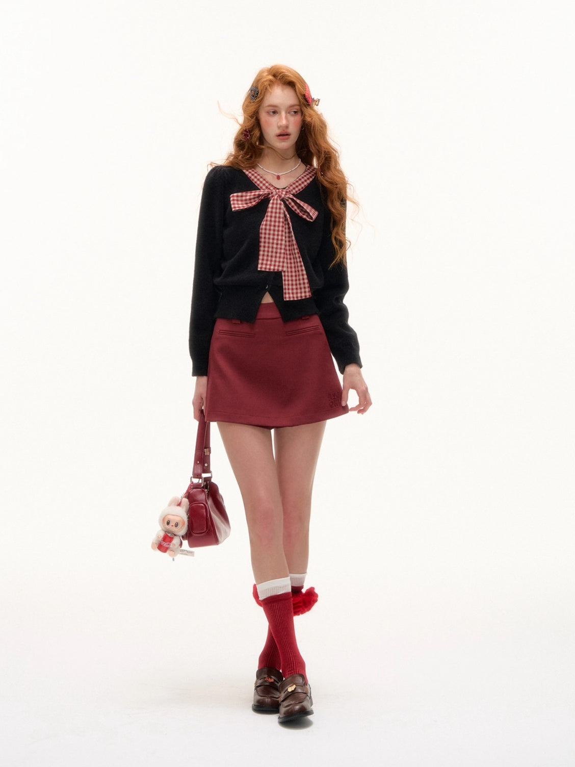 Plaid Bow-Knot Round Neck Knitted Cardigan - CHINASQUAD