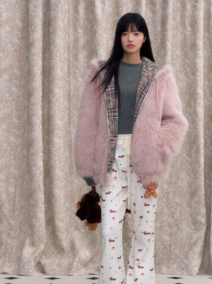 Plaid Spliced Eco-friendly Faux Fur Coat