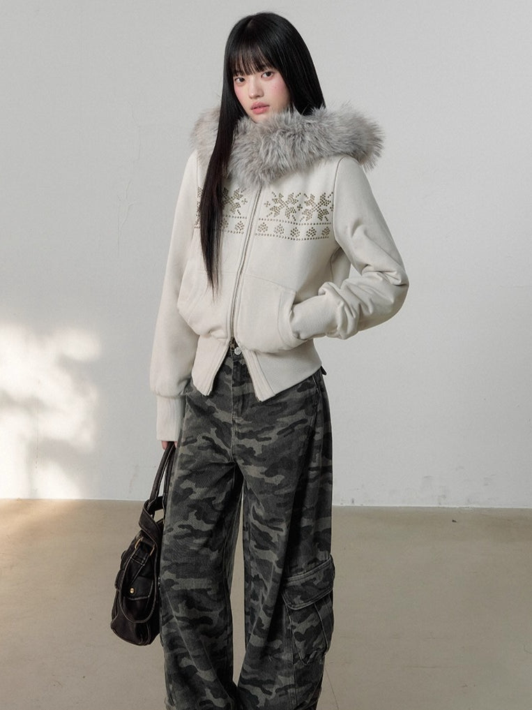 Vintage Rivet Embellished Fleece Hoodie Jacket