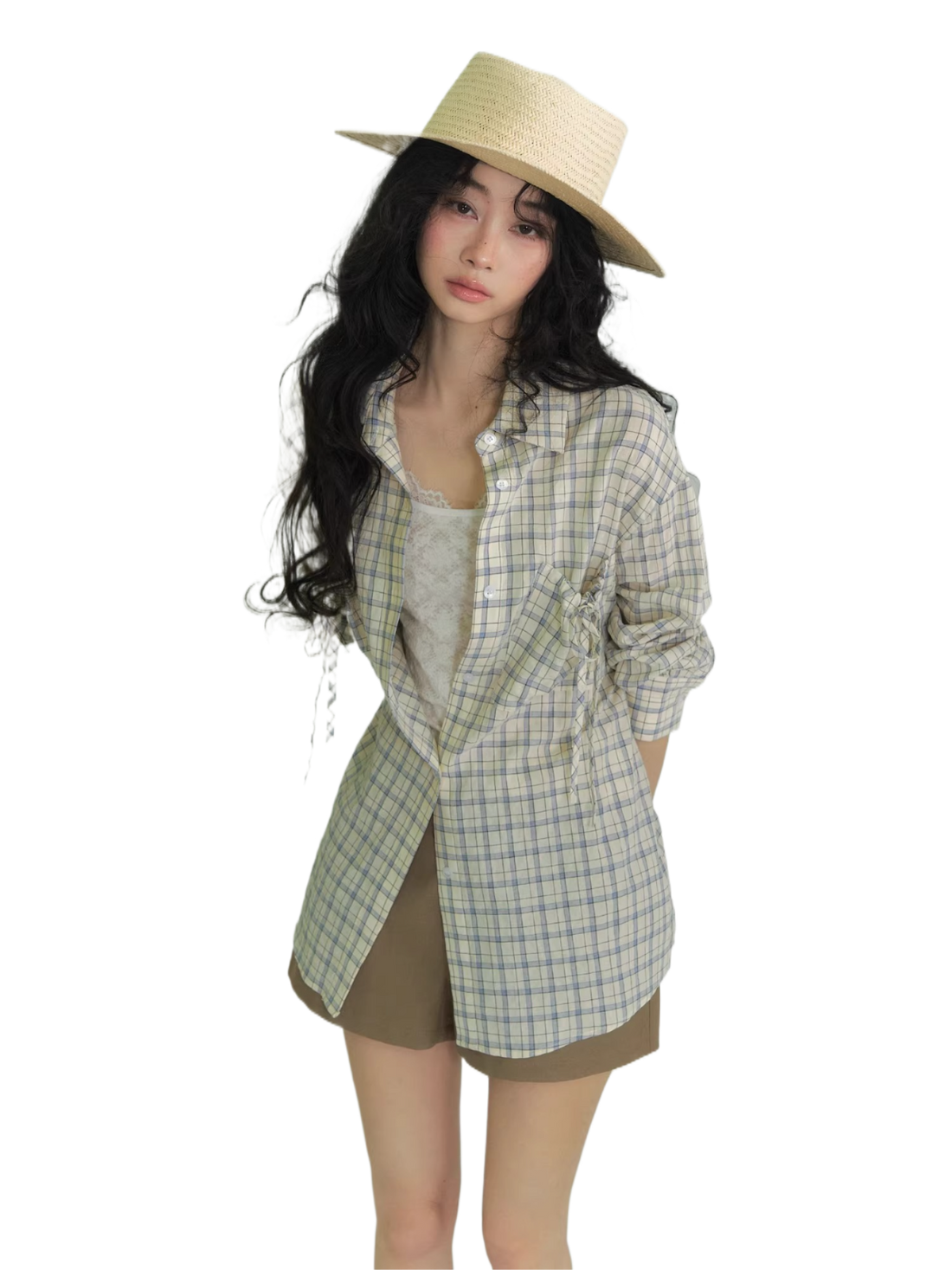 Drawstring Pocket Plaid Shirt