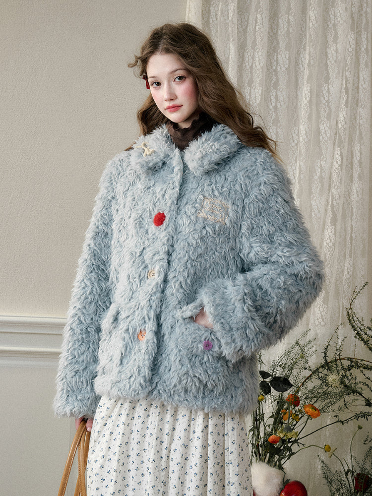 Cream Strawberry Gray-Blue Fur Jacket