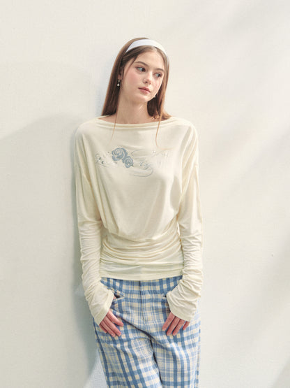 Floral Print Pleated Long-Sleeve T-shirt - CHINASQUAD