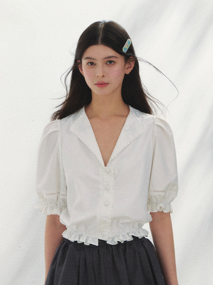 French-style V-neck Embroidered Shirt