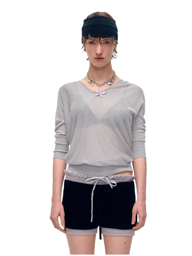 Gray Slightly Sheer V-Neck Long Sleeve Base Layer