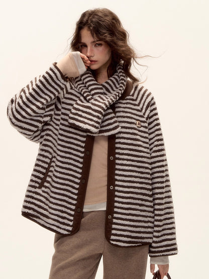 Reversible Striped Faux Scarf Detail Shearling Jacket