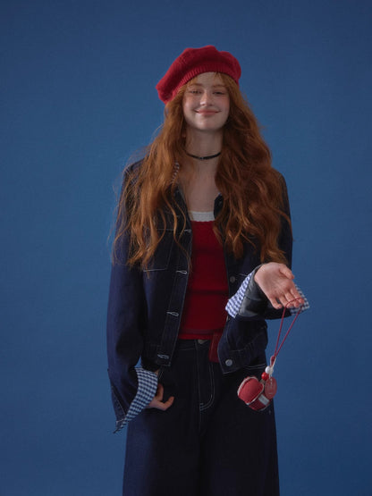 Retro Plaid Stitch Denim Jacket