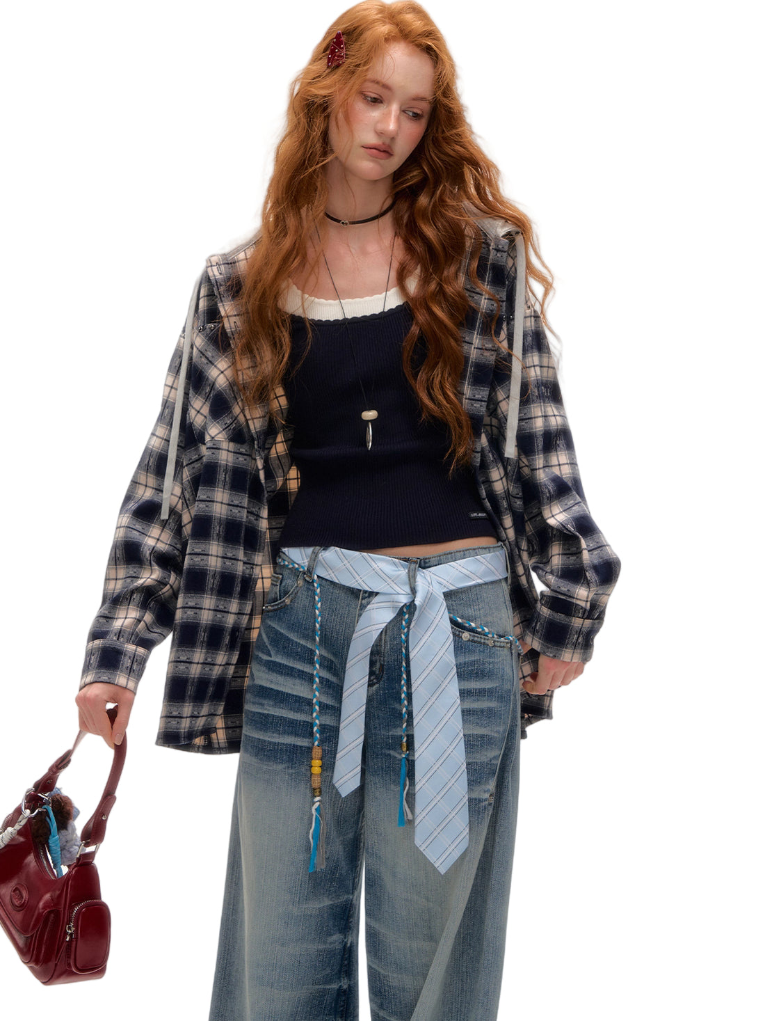 Vintage Plaid Contrast Hooded Shirt