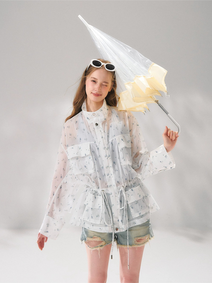 Floral Sheer Batwing Sleeve Utility Jacket