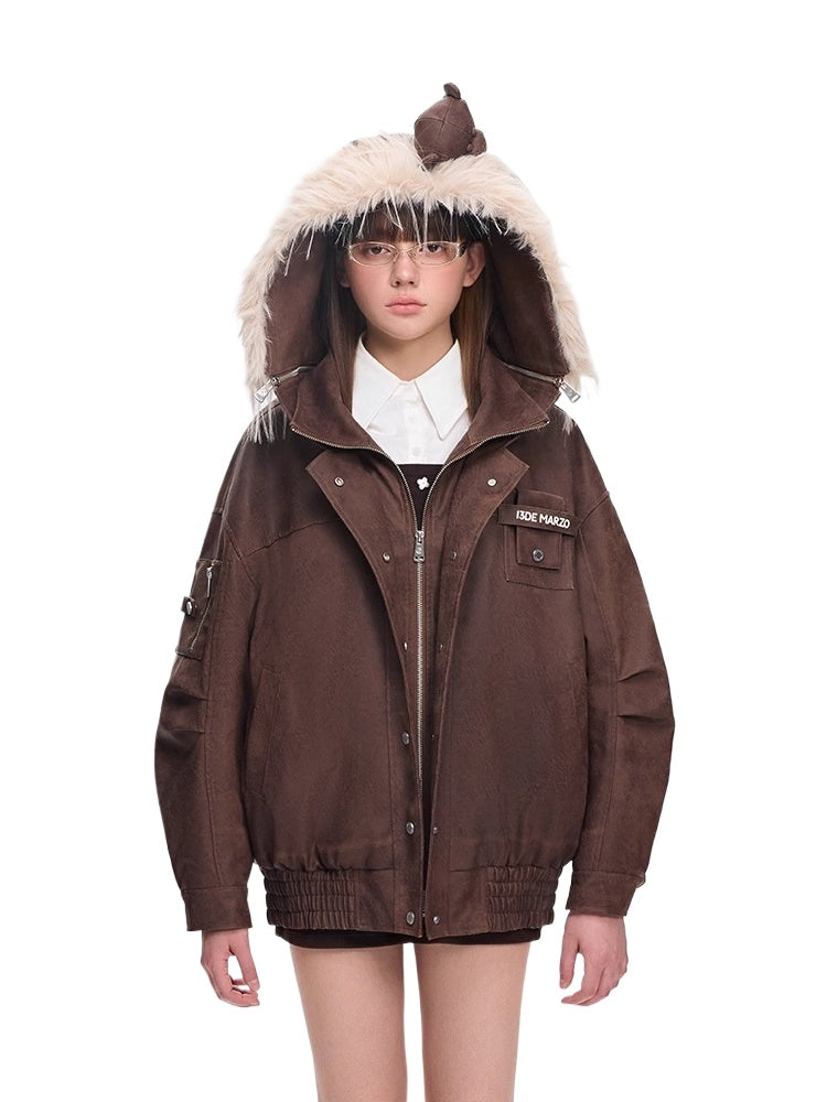 Detachable Fur Collar PU Padded Jacket