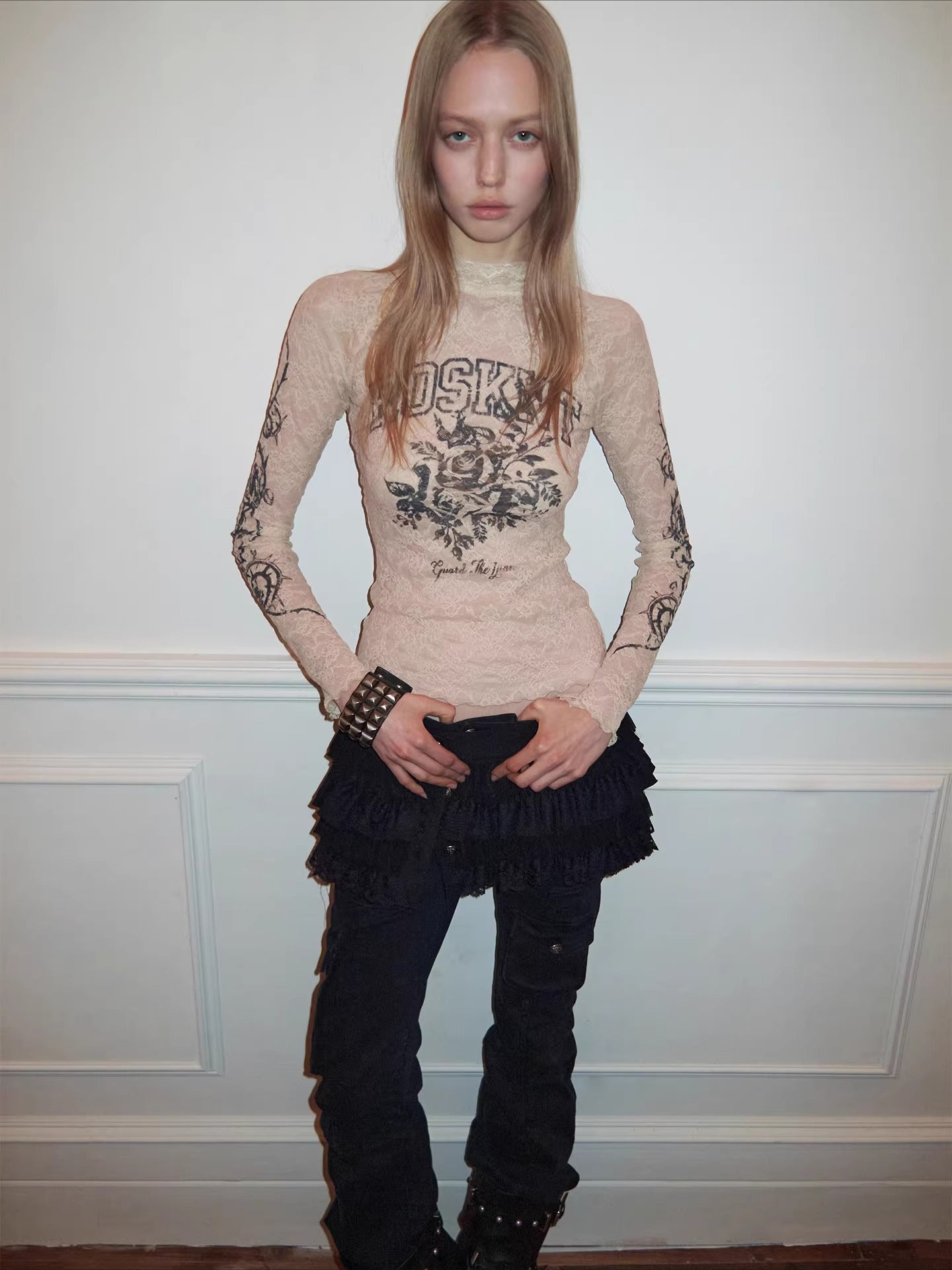 Vintage Rose Lace Print Sheer Base-Layer